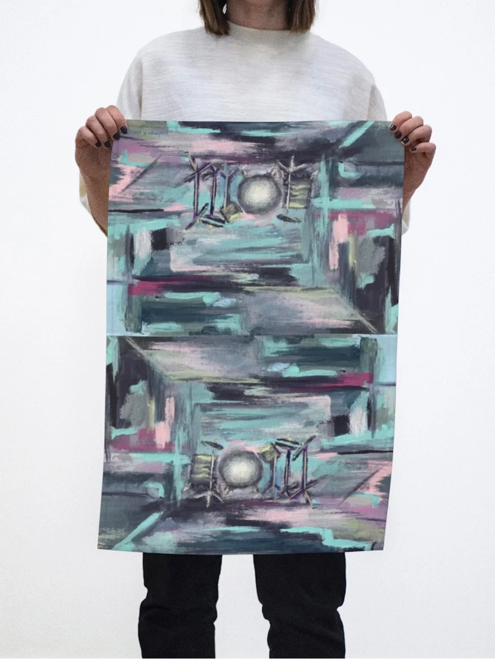 Tea towel with Abstract Drum Set Art in aqua, navy and Pink
